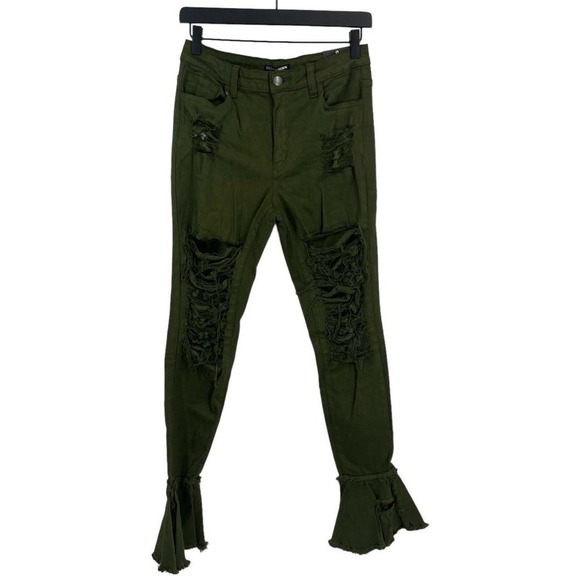 Fashion Nova Women’s Green Fray What You Mean Distressed  Flare Leg Jeans Size 9 - Picture 3 of 9